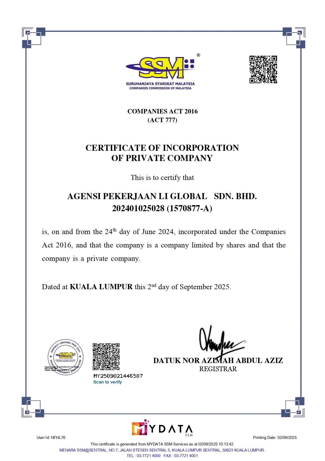Certificate AP Li Global
